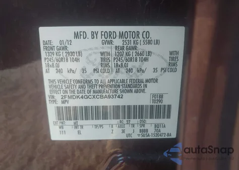 2012 Ford Edge Se z USA, uszkodzony, nr VIN 2FMDK4GCXCBA93742